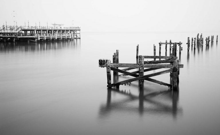 Old pier at Swanage, Dorset. Black and White Photography Workshop.