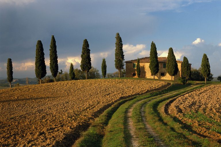 A tradtional villa in Tuscany, flanked by cypress trees