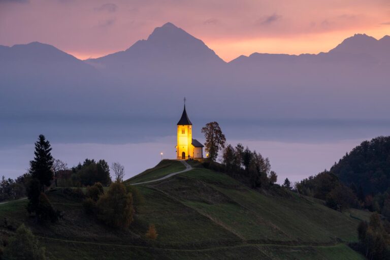 Jamnik Church at sunrise, Slovenia.